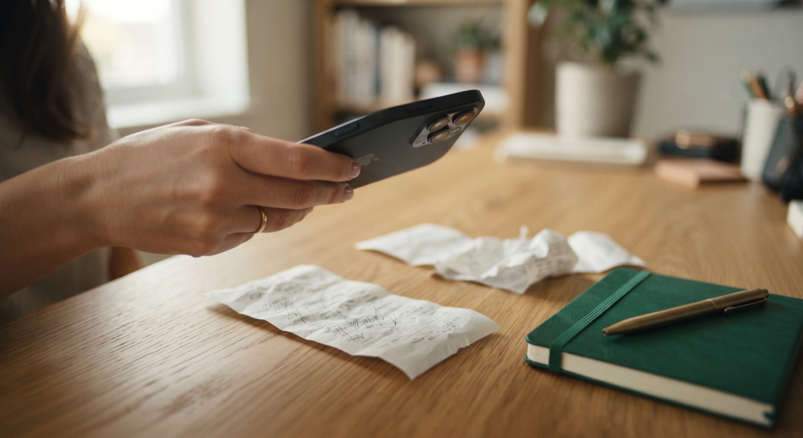 Hand fotografiert mit dem Smartphone einen Kassenbon auf dem Schreibtisch, daneben weitere Belege und ein grünes Notizbuch