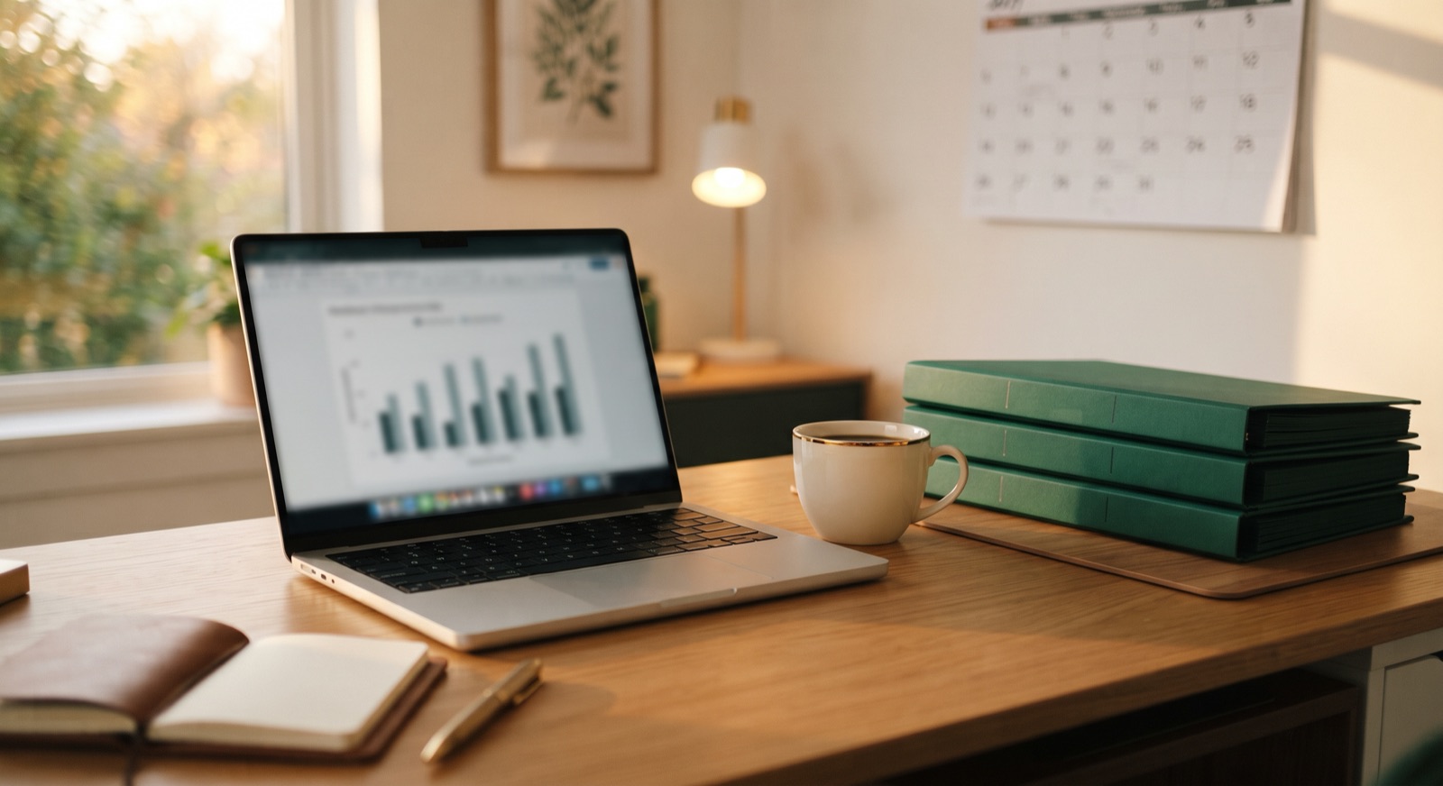 Aufgeräumter Schreibtisch mit Laptop, Balkendiagramm, Kaffeetasse und grünen Ordnern, im Hintergrund ein Wandkalender